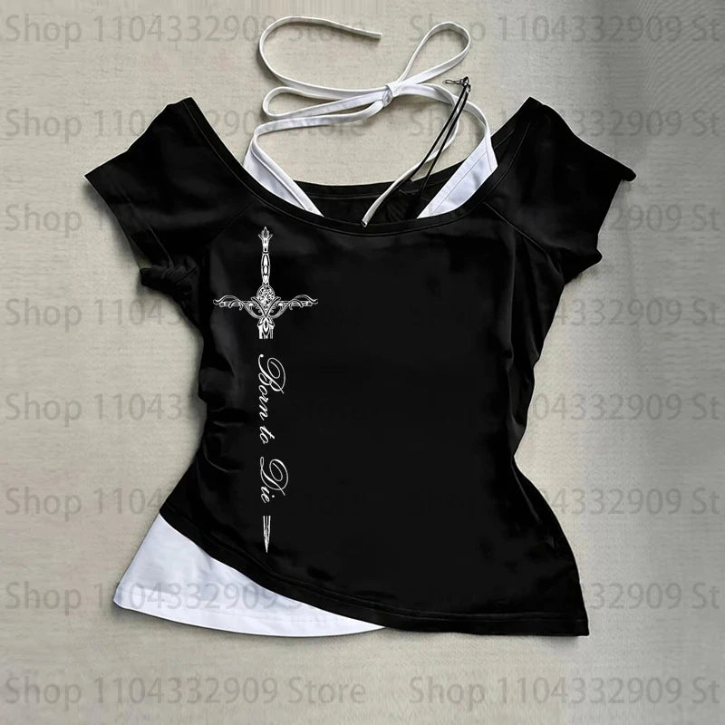 Gothic Grunge Punk Printing Women's Long Sleeve Tee Casual Slim Fit Sexy Chic Emo Girls Crop Top Y2K Harajuku Vintage Streetwear