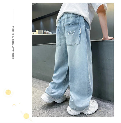 Kids Stylish Loose Straight Summer Patchwork Jeans for Tweens Boy Relaxed Fit Denim Pants Child Light Blue Washed Jeans Trousers