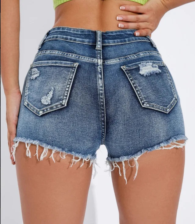 Ripped Raw Denim Shorts For Women Fashion A-line Hem Female Summer Hot Pants Streetwear Blue Clothing Skinny Sexy Retro Leisure