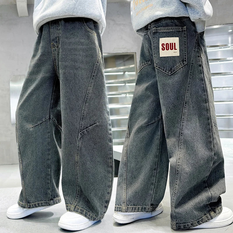 Elegant Children Vintage Blue Baggy Curved Jeans for Teenage Boy Fashion Casual Wide Leg Denim Pants Kids Loose Jeans Trousers