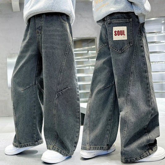 Elegant Children Vintage Blue Baggy Curved Jeans for Teenage Boy Fashion Casual Wide Leg Denim Pants Kids Loose Jeans Trousers