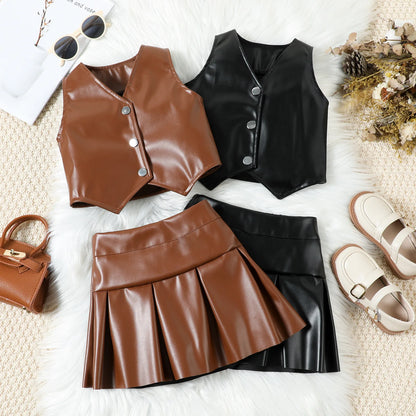 Autumn Fashion Cool Girls' Clothes Set V-Neck Pu Leather Vest Jacket With Pleated Skirt Two-Piece Set For Children's Clothing