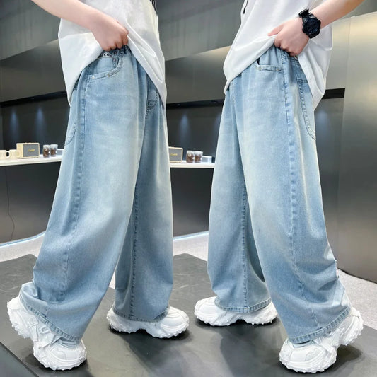 Kids Stylish Loose Straight Summer Patchwork Jeans for Tweens Boy Relaxed Fit Denim Pants Child Light Blue Washed Jeans Trousers