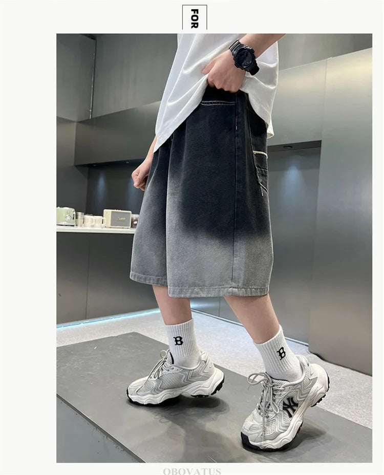 2025 New Summer Kids Designer Gradient Black Denim Shorts Tweens Boy Casual Straight Jeans Shorts For Child Age 5 6 8 10 12 14 T