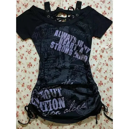 Vintage Clothes Women Print Sexy Punk Streetwear Slim Femme Tees Shirt Gothic Casual Grunge T Shirts 2000s Emo Y2k Crop Top
