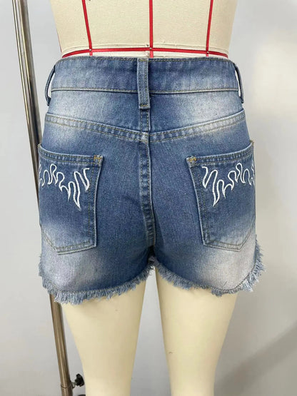 Shorts Women Jeans 2025 Summer Streetwear Embroidery Short Pants Rivet Skinny Mid Waist Distressed Washed Straight Denims
