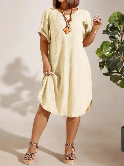 European and American large-size women's clothing 2025 summer new short-sleeved solid color dress large-size