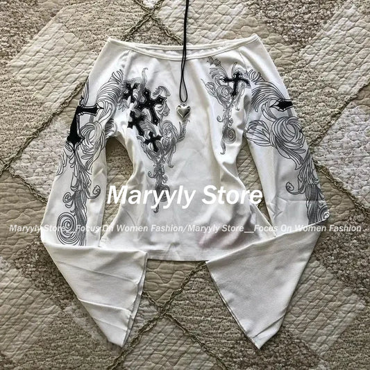 Long Sleeve Print T-Shirts Women Slash Neck White Tees Temperament Camisetas 2024 Ropa Mujer Vintage Sexy Y2k T-shirts Tops New
