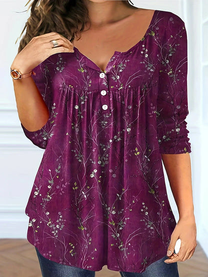 Plus Size Women's Spring and Autumn Long Sleeve Random Plant Print Button T-Shirt