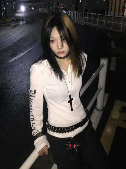 Seeslim Hooded Print Letter Graphic T Shirts Woman Clothes Youthful Long Sleeve 2000s Clothes Y2k Tees Female Clothing Autumn