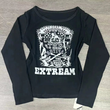 Long Sleeve Print T-Shirts Women Slash Neck White Tees Temperament Camisetas 2024 Ropa Mujer Vintage Sexy Y2k T-shirts Tops New