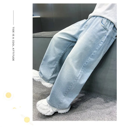 Kids Stylish Loose Straight Summer Patchwork Jeans for Tweens Boy Relaxed Fit Denim Pants Child Light Blue Washed Jeans Trousers