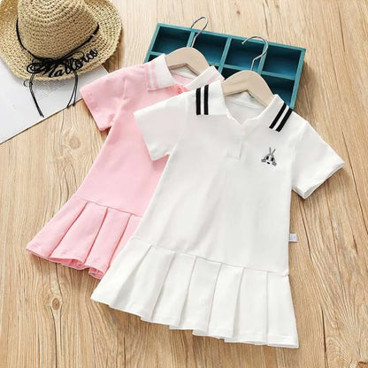 Summer Dress for Kids Cute Solid Color Girls Dresses Short Sleeve Cotton Soft Children Clothes Toddler Student Uniform Dress