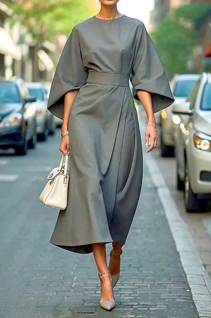 Women Fashion Elegant Solid Color Tight Waist Bat Sleeve Dress