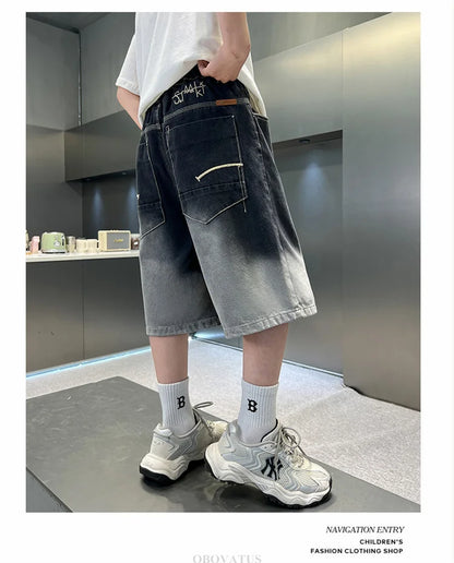 2025 New Summer Kids Designer Gradient Black Denim Shorts Tweens Boy Casual Straight Jeans Shorts For Child Age 5 6 8 10 12 14 T