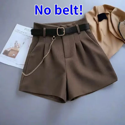 New Casual Comfortable Elegant Wild Shorts With Belt Women's Woolen Shorts Autumn Winter Slim Wide Leg A-line Shorts