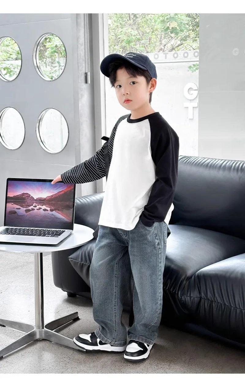 4-12Y Boys Jeans 2025 New Wide Straight Leg Denim Pant Children's Spring Clothing Big Children's Handsome Cotton Sports Pants