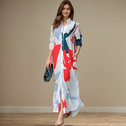 Fashion Sexy Side Split Turn Down Collar Shirt Long Dress Elegant Temperament Printed Long Sleeve Pocket Single Breasted Dress