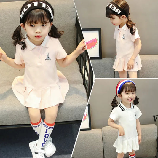 Campus Style Girl Kids Short Sleeved Dress Cute Cartoon Print Solid Toddler Princess Dress Cotton Soft Children Mini Skirt