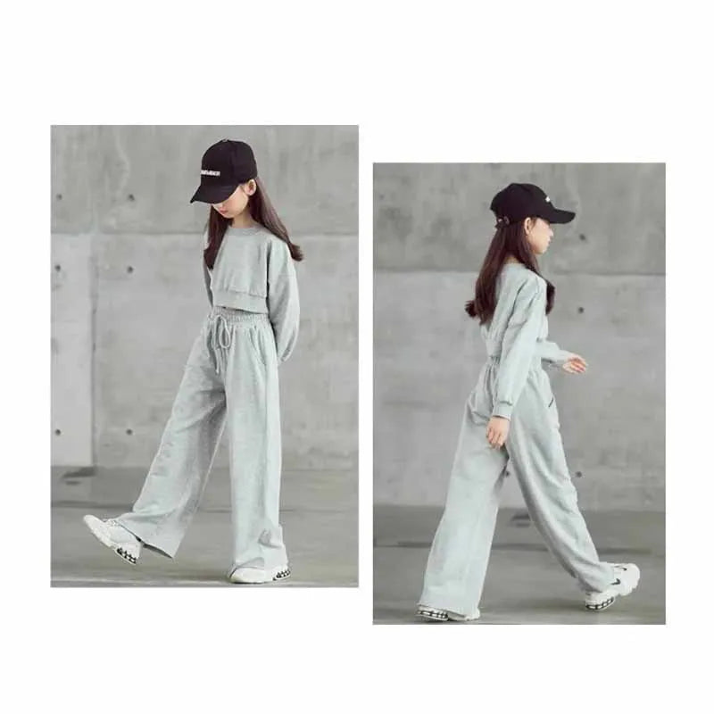 Girls Solid Colour Sets Children's Long-Sleeved Short Sweater Trousers 2Pcs Spring Autumn New Kids Fashion Casual Suit 4-12Y