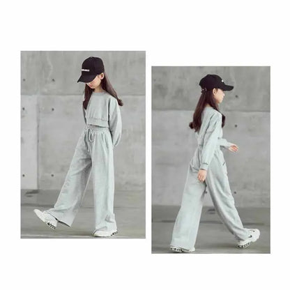 Girls Solid Colour Sets Children's Long-Sleeved Short Sweater Trousers 2Pcs Spring Autumn New Kids Fashion Casual Suit 4-12Y