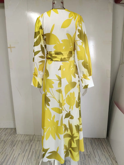 Dress Women spring/summer v-neck floral printing long lantern sleeve fashion Dresses Casual Vestidos dropshipping GHH21553