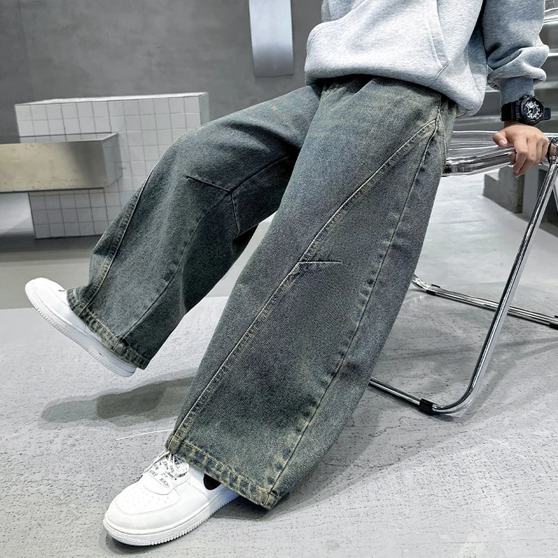 Elegant Children Vintage Blue Baggy Curved Jeans for Teenage Boy Fashion Casual Wide Leg Denim Pants Kids Loose Jeans Trousers