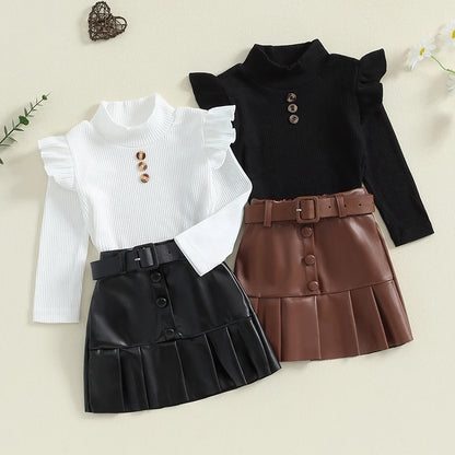 Pudcoco Toddler Girl 2 Piece Outfit Ruffles Long Sleeve Tops and Leather Pleated Skirt Set for Baby Fall Cute Clothes 18M-6T