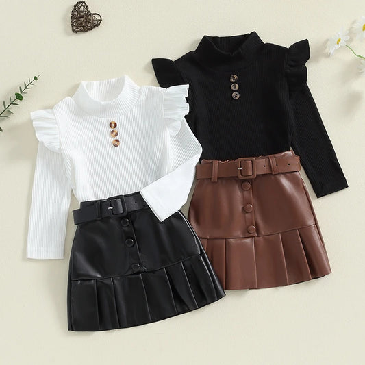 Pudcoco Toddler Girl 2 Piece Outfit Ruffles Long Sleeve Tops and Leather Pleated Skirt Set for Baby Fall Cute Clothes 18M-6T
