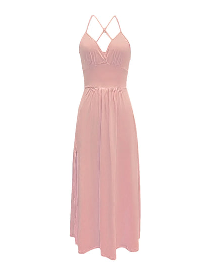 Women Sexy Spaghetti Strap V Neck Dresses Hollow Out Sleeveless Side Split Evening Dress Elegant Solid High Waist Pleat Vestidos
