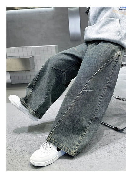 Elegant Children Vintage Blue Baggy Curved Jeans for Teenage Boy Fashion Casual Wide Leg Denim Pants Kids Loose Jeans Trousers