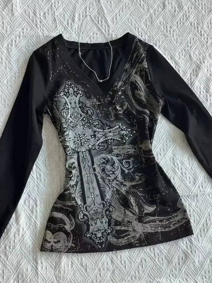 Vintage Clothes Women Print Sexy Punk Streetwear Slim Femme Tees Shirt Gothic Casual Grunge T Shirts 2000s Emo Y2k Crop Top