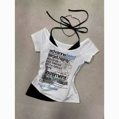 Y2k Aesthetic Flower Printing Women Grunge T-shirts Vintage Slim Harajuku Causal Black Tshirts 2025 Summer Bottoming Crop Tops
