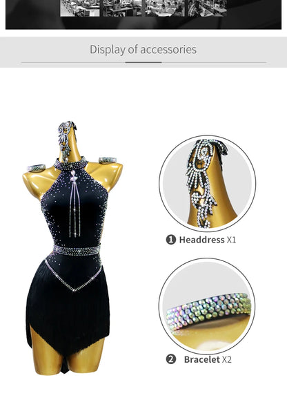 Black Latin Dress Women Stage Outfit Line Dance Costume 2025 New Sexy Girl Prom Skirt Kid Party Suit  Evening Clothes Customized