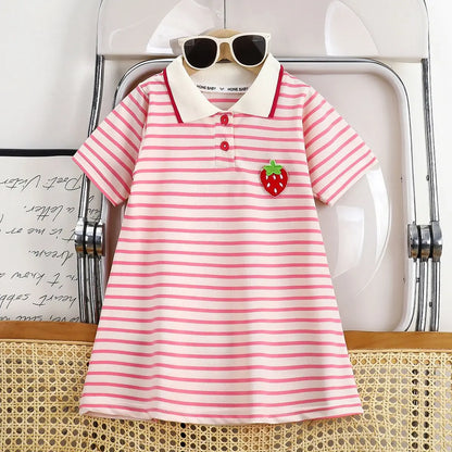 2025 New Children's Dress Girls' Summer Korean Edition Striped Strawberry lapel Casual Dress 1-10 Years Old
