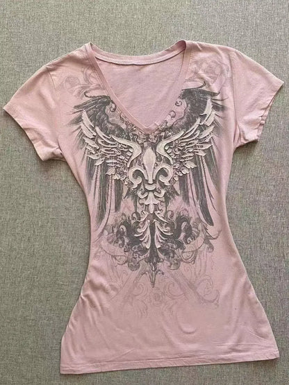 Y2k Aesthetic Flower Printing Women Grunge T-shirts Vintage Slim Harajuku Causal Black Tshirts 2025 Summer Bottoming Crop Tops