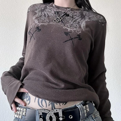 Y2K Grunge Cyber Mall Goth Thermal T-shirt Skulls Graphic Print Long Sleeve Pullovers Tops Women 90s Vintage Aesthetic Tees