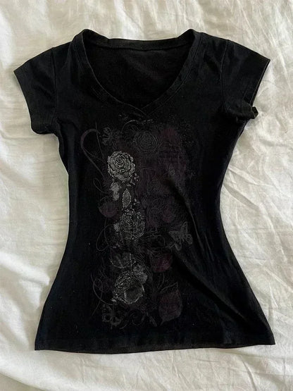 Y2k Aesthetic Flower Printing Women Grunge T-shirts Vintage Slim Harajuku Causal Black Tshirts 2025 Summer Bottoming Crop Tops