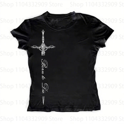 Gothic Grunge Punk Printing Women's Long Sleeve Tee Casual Slim Fit Sexy Chic Emo Girls Crop Top Y2K Harajuku Vintage Streetwear