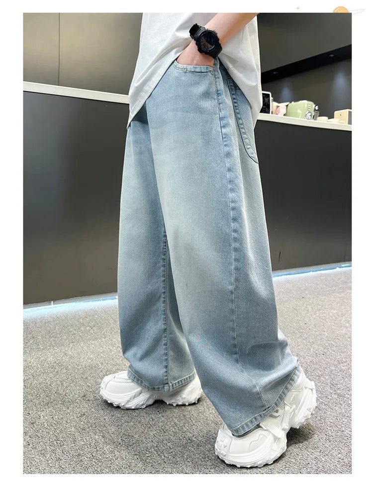 Kids Stylish Loose Straight Summer Patchwork Jeans for Tweens Boy Relaxed Fit Denim Pants Child Light Blue Washed Jeans Trousers