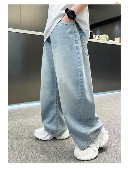 Kids Stylish Loose Straight Summer Patchwork Jeans for Tweens Boy Relaxed Fit Denim Pants Child Light Blue Washed Jeans Trousers