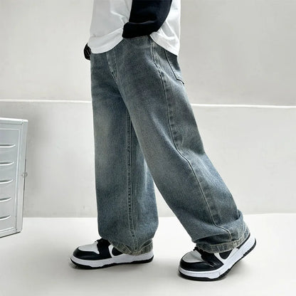 4-12Y Boys Jeans 2025 New Wide Straight Leg Denim Pant Children's Spring Clothing Big Children's Handsome Cotton Sports Pants