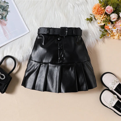 Pudcoco Toddler Girl 2 Piece Outfit Ruffles Long Sleeve Tops and Leather Pleated Skirt Set for Baby Fall Cute Clothes 18M-6T