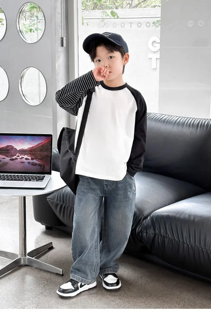 4-12Y Boys Jeans 2025 New Wide Straight Leg Denim Pant Children's Spring Clothing Big Children's Handsome Cotton Sports Pants