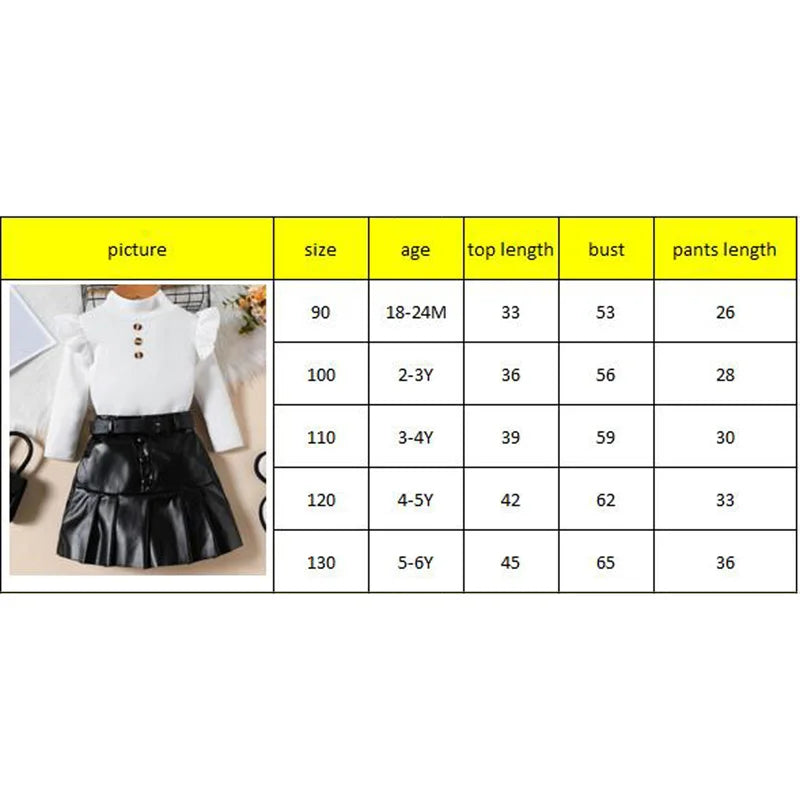 Pudcoco Toddler Girl 2 Piece Outfit Ruffles Long Sleeve Tops and Leather Pleated Skirt Set for Baby Fall Cute Clothes 18M-6T