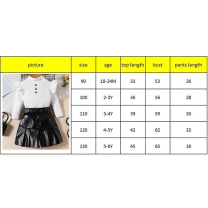 Pudcoco Toddler Girl 2 Piece Outfit Ruffles Long Sleeve Tops and Leather Pleated Skirt Set for Baby Fall Cute Clothes 18M-6T