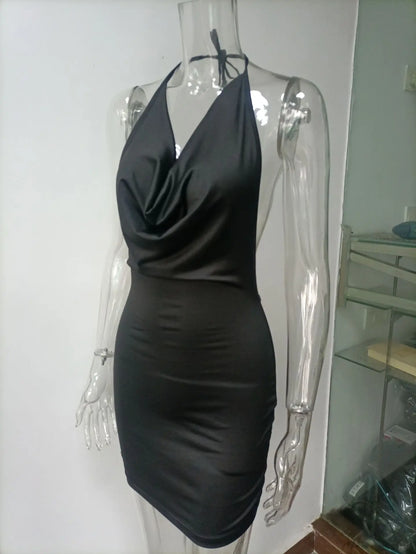 Sexy Mini Dress Lace Up Strap Pure Silod Party Club Elegant Y2K Hang Neck Hollow Backless Straples V Neck Elegant Evening Dresse