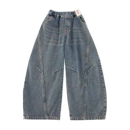 Elegant Children Vintage Blue Baggy Curved Jeans for Teenage Boy Fashion Casual Wide Leg Denim Pants Kids Loose Jeans Trousers