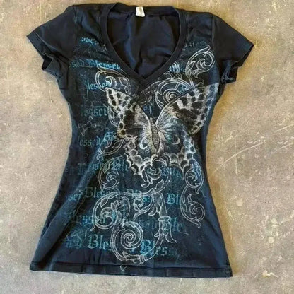 Y2k Aesthetic Flower Printing Women Grunge T-shirts Vintage Slim Harajuku Causal Black Tshirts 2025 Summer Bottoming Crop Tops