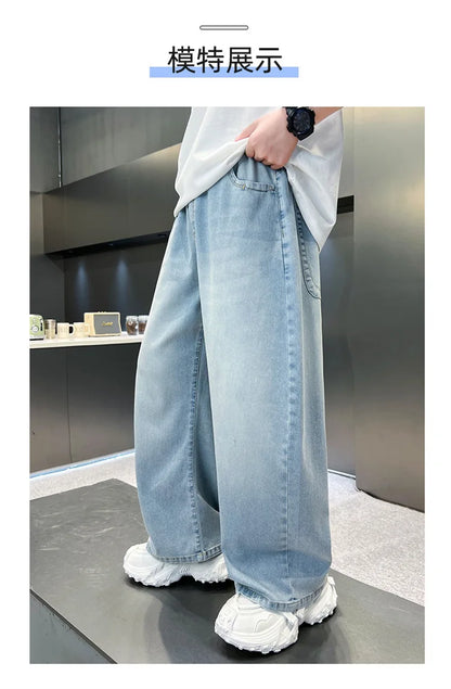 Kids Stylish Loose Straight Summer Patchwork Jeans for Tweens Boy Relaxed Fit Denim Pants Child Light Blue Washed Jeans Trousers